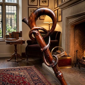 May include: A dark brown wooden walking stick featuring a polished finish and a curved, looped handle design. The shaft displays a smooth, rounded texture with subtle grain patterns and a flared, carved detail near the top of the handle.
