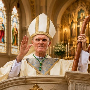 May include: A bishop wearing a white mitre with gold trim and a cream-colored chasuble with blue and gold patterned panels. The bishop holds a tall, curved wooden crozier in one hand and raises the other hand in a gesture of blessing.