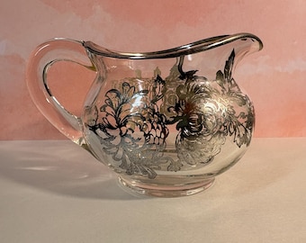 Antique Heisey Glass Creamer with Floral Silver Overlay, Diamond H Mark, 1920s 1930s