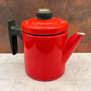 Percolador de café Vintage Finel Pikku-Pehtoori, esmalte rojo, Antti Nurmesniemi, cocina finlandesa escandinava de mediados de siglo