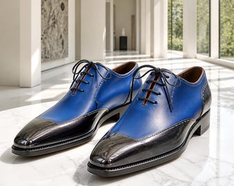 Handmade Blue Leather Oxford Shoes for Men | Cap Toe Dress Shoes | Luxury Lace Up Formal Shoes | Wedding Business Office Footwear