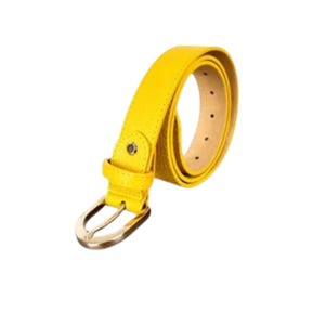 Pode incluir: Um cinto amarelo brilhante com uma superfície texturizada e uma fivela oval de metal dourado. O cinto inclui um passante amarelo a condizer e uma série de orifícios de ajuste espaçados uniformemente ao longo da tira para um ajuste seguro.
