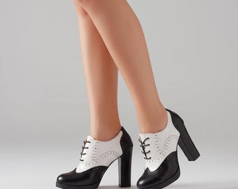 Black and White Vintage Oxford Heels, Two Tone Spectator Pumps, Retro Block High Heels for Women