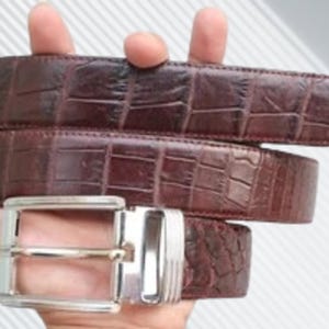 Este cinto Prime Croc em pele de barriga de crocodilo genuína castanha apresenta uma fivela prateada polida.