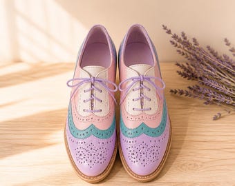 Bespoke Handmade Women's Multicolor Leather Shoes, Oxford Wingtip Brogue Shoes.