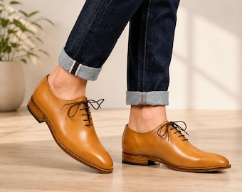 Handmade Mens Leather Oxford Shoes, Tan Brown Mens Dress Shoes, Vintage Style Brogues, Custom Formal Shoes, Anniversary Gift For Him