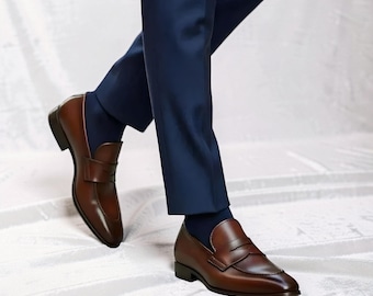 Handmade Leather Penny Loafers, Men's Black Brown Dress Shoes, Slip On Formal Footwear