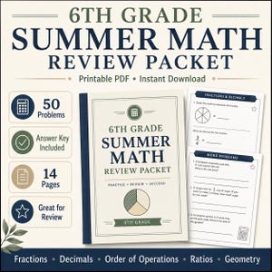 May include: A 6th Grade Summer Math Review Packet printable PDF featuring 50 problems, an answer key, and 14 pages. The cover displays the title, a pie chart graphic, and a calculator icon. Included worksheets show fractions, decimals, and word problems.