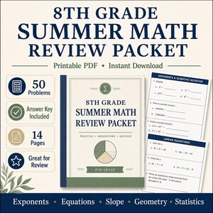 8th Grade Math Review Packet, Algebra Geometry Exponents (Digital Download) - Answer Key Included