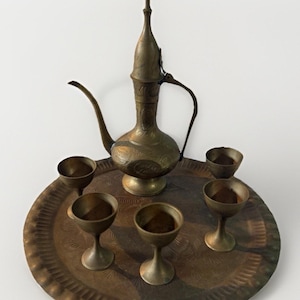 Antique Brass Tea Set w/ Tray & Teapot, Round Gold/Brown, Engraved Finish