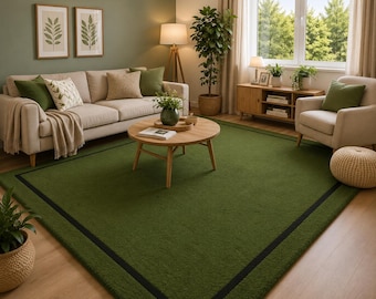 Green Wool Area Rug, Handmade Modern Rug, Minimalist Living Room Carpet, Custom Size