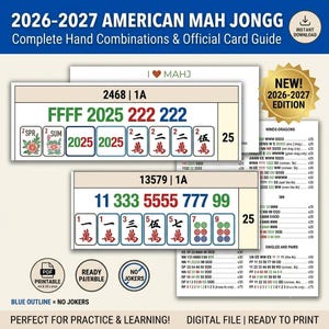 Könnte beinhalten: Ein offizieller 2026-2027 American Mah Jongg Kartenleitfaden mit druckbaren Handkombinationen. Das Dokument zeigt farbige Spielsteinsequenzen, numerische Muster und Wind-Drachen-Kategorien mit Textbeschriftungen sowie ein goldenes Sternabzeichen.