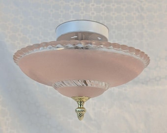 Vintage 40's Glass Flush Mount Ceiling Light Fixture  Shade 11.5" Pink Blush