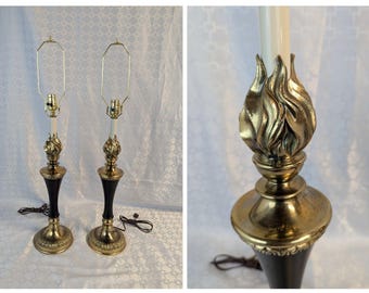 Pair- Stiffel Lamps, Hollywood TORCH MCM. Vintage, Heavy. Brass with Blk  Accent