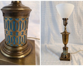 REWIRED- Antq. Brass Lamp w/Fretwork and Torchere Milk Glass Shade
