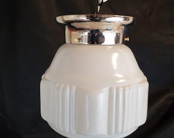 NEW SOCKET Vtg MCM Round Ceiling Light  Chrome w/ Ribbed Glass Clear & White