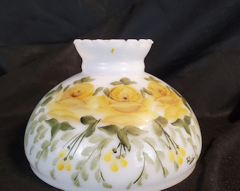 Fenton Hurricane Parlor Lamp Shade Hand Painted Yellow Roses 10"  fitter