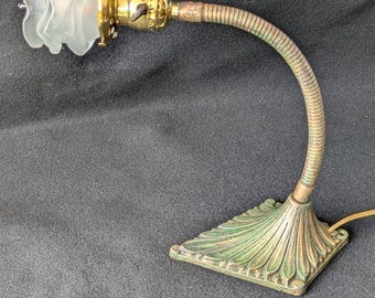 RESTORED! Vintage Cast-Iron Base Gooseneck Desk Lamp with Ruffle Shade