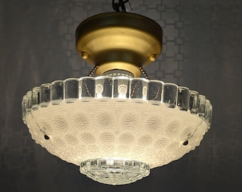 Vtg. Semi Flush Mount Glass Ceiling Light Fixture Art Deco 30s 40s  3-Chain