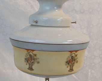 REWIRED Vtg. painted glass shade on semi flush schoolhouse style porcelain base