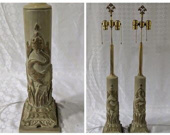 REWIRED PAIR Antique Vtg. Hand Carved Lamps Dragon Dolphin  Asian Chinese Green
