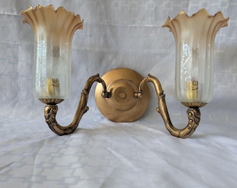 Vintage Double Arm Ornate Brass Electric Wall Sconce French Glass Shades