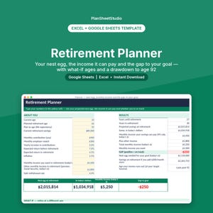 May include: A digital retirement planner template for Excel and Google Sheets titled PlanSheetStudio. The interface displays financial data fields including current age, savings, contributions, and projected results like nest egg and income gap.