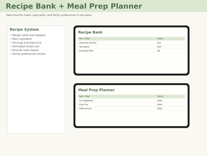 Meal Planner Spreadsheet Grocery List Pantry Inventory Recipe Organizer ...