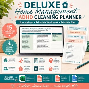 May include: A digital home management and ADHD cleaning planner set featuring a laptop displaying a dashboard, printable checklists, and icons for daily resets, chore charts, room checklists, decluttering, laundry, and supply inventory tracking.