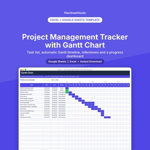 May include: A digital project management tracker template for Excel and Google Sheets featuring a Gantt chart. The interface displays a task list with start and end dates, status columns, and a visual timeline with blue progress bars.