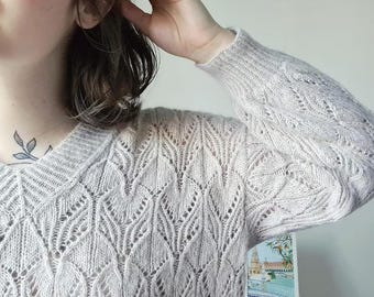 Lightweight Lace Knit Sweater, Botanical Leaf Pattern, V-Neck Pullover Top