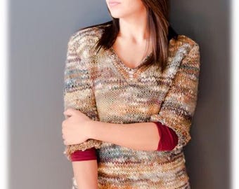 Women's V-Neck Pullover Knitting Pattern, Sophia Tweed Sweater, Classic Knitwear (PDF Download)