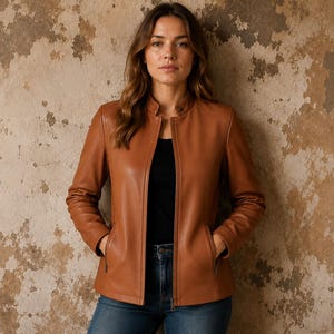 May include: A tan leather jacket featuring a mandarin collar, a full-length front zip, and two side pockets with zip closures. The jacket is worn over a black top and blue denim jeans, showcasing a smooth finish and structured fit.