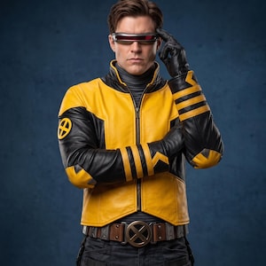 May include: A yellow and black leather jacket with a high collar, long sleeves featuring three horizontal stripes, and a circular yellow and black emblem on the shoulder. The jacket is worn with black gloves, a dark grey turtleneck, and a brown utility belt.