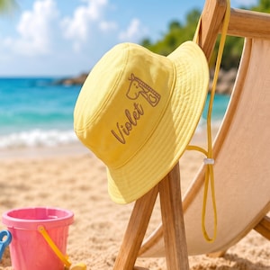 Sombrero de sol infantil bordado a medida, sombrero tipo cubo personalizado para bebé con correa para la barbilla, lindo sombrero de playa para bebé, regalos de verano para viajes al aire libre