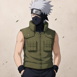 May include: An anime character with spiky silver hair, wearing a dark blue forehead protector with a metal plate featuring a spiral symbol, a black face mask, and a sleeveless olive green tactical vest with multiple pockets and a front zipper.