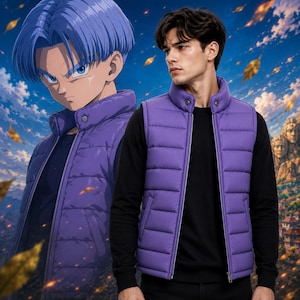 May include: A purple puffer vest featuring a high collar with snap button closures, a full-length front zipper, and horizontal quilted stitching. The vest is worn over a solid black long-sleeve shirt, showcasing a clean, sleeveless design.