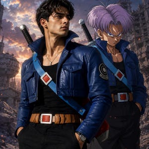 May include: A dark blue cropped leather jacket with a black tank top, black trousers, a tan belt with a red buckle, and a light blue shoulder strap with a red square accent. A sword hilt extends from behind the shoulder, and a Capsule Corp logo is visible.