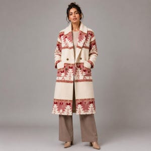 May include: A long, double-breasted coat featuring a cream base with a repeating geometric pattern in shades of red and pink. The coat has a notched lapel, two front pockets, and a structured silhouette that extends to the mid-calf length.