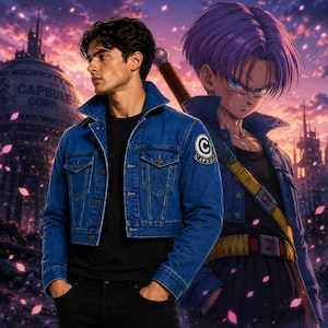May include: A blue denim jacket featuring a black t-shirt underneath and a Capsule Corp logo patch on the left sleeve. The jacket has a classic collar, metal buttons, and two chest pockets, worn over black pants against a purple sunset background.