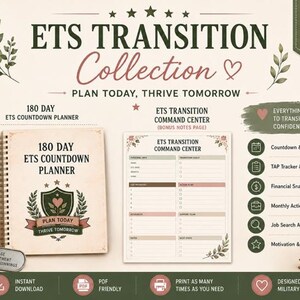 May include: The ETS Transition Collection includes a 180 Day ETS Countdown Planner with a shield logo and a command center page. Features include a countdown, TAP tracker, financial snapshot, action plans, and job search tools for military families.