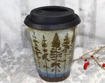 Handmade Ceramic Tumbler Travel Cup: Pine Trees in a Line