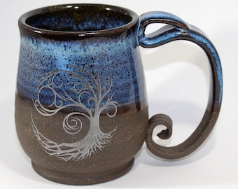 Blue Ceramic Coffee Mug Cup 16 oz. with Spiral Handle and Spiraling Tree Engraving