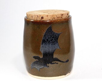 Handmade Ceramic Dragon Silhouette Shimmering Copper Corked Jar