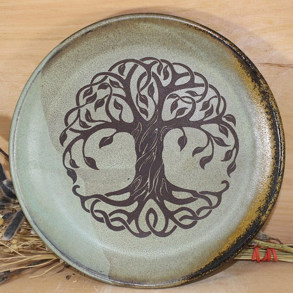 Handmade Ceramic 8 1/2" Green Celtic Tree of Life Plate