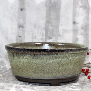 Handmade Ceramic Stoneware Footed Green & Gold Fireflies Komono Bonsai Pot