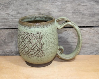 Green Ceramic Pint Mug: Celtic Knot with Dragon (16 oz.)