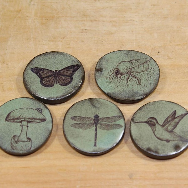 Set of 5 Green Ceramic Magnets: Bumble bee, Butterfly, Frog on a toadstool, dragonfly, hummingbird