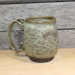 Handmade Green Ceramic Geometric Spiral Dragon Mug (18 oz. )