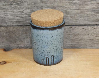 Carved Blue Ceramic Corked Stash Jar for Herbs, Spices, Jewelry